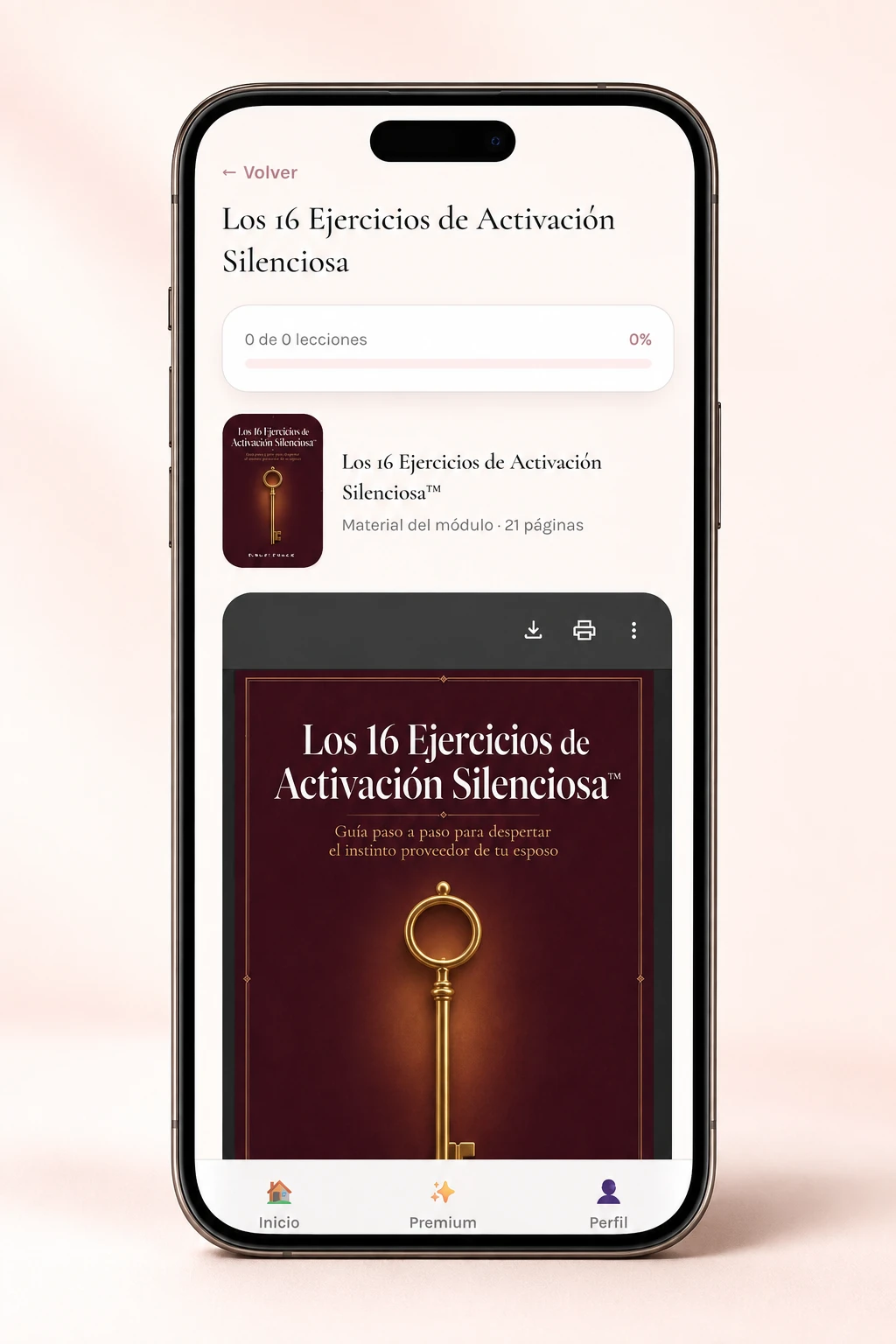 Detalle del módulo de los 16 ejercicios dentro de la app