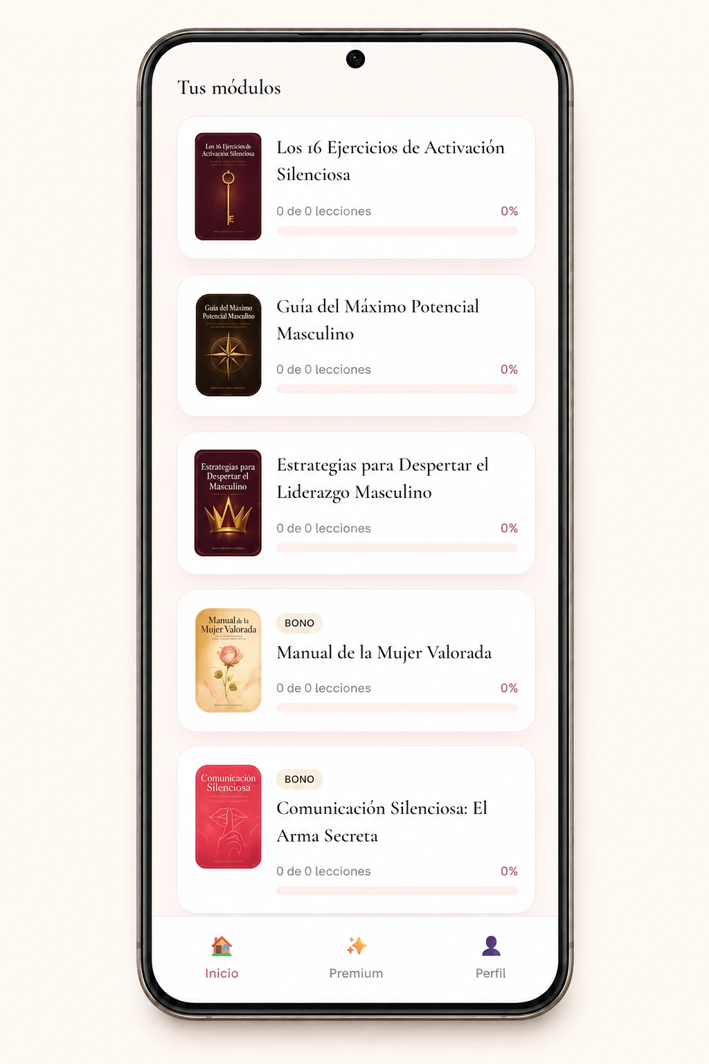 Biblioteca de la app con los tres módulos y los dos bonos